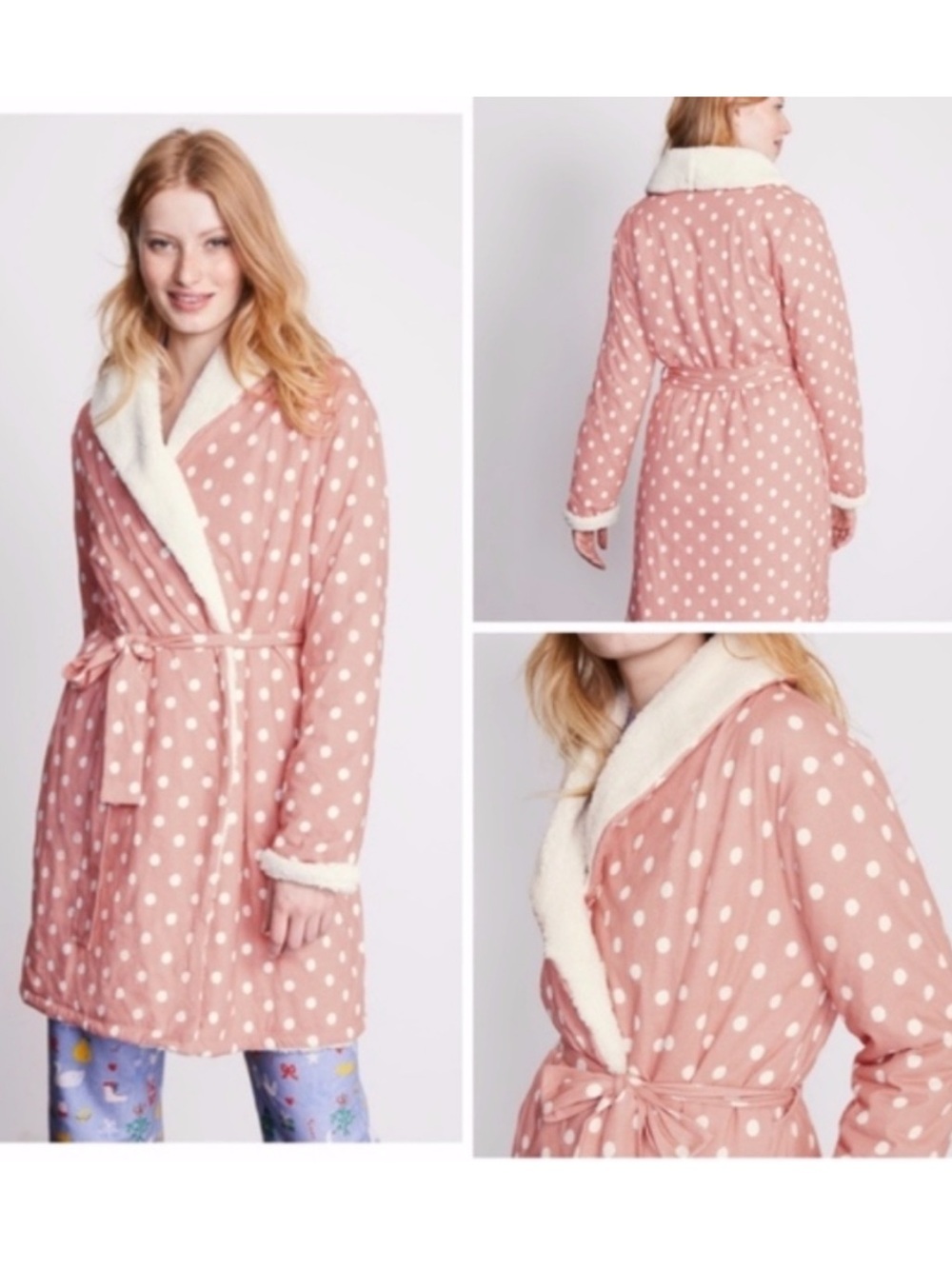 Boden Sherpa Lined Pink Polka Dot Robe Womens Size Medium